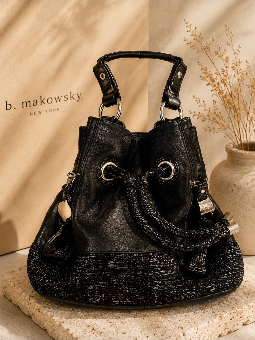 b. makowsky Black Leather Drawstring Shoulder Bag with Metallic Trim